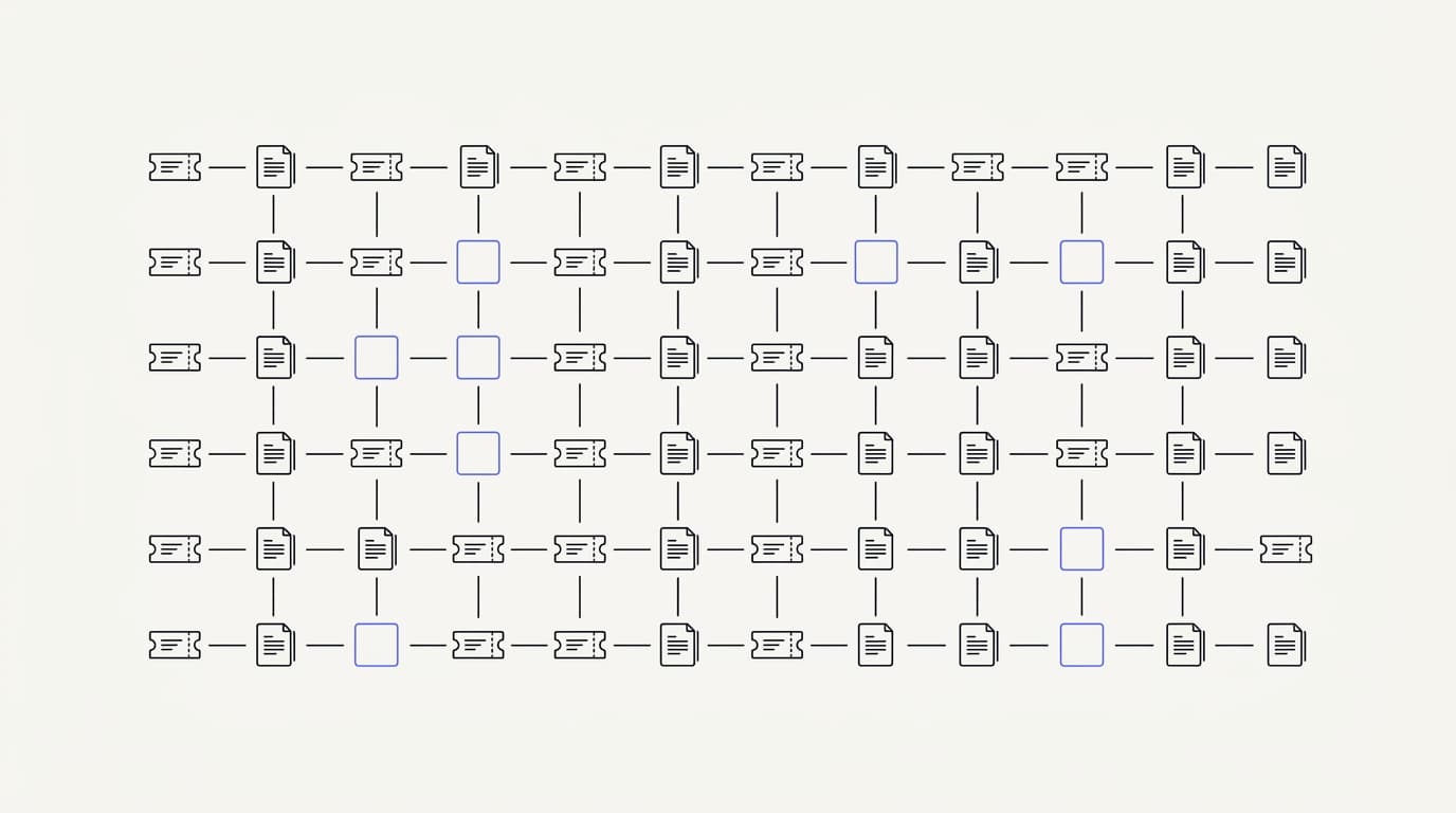 Line-art view of support tickets mapped against help-center articles, with uncovered questions highlighted as gaps