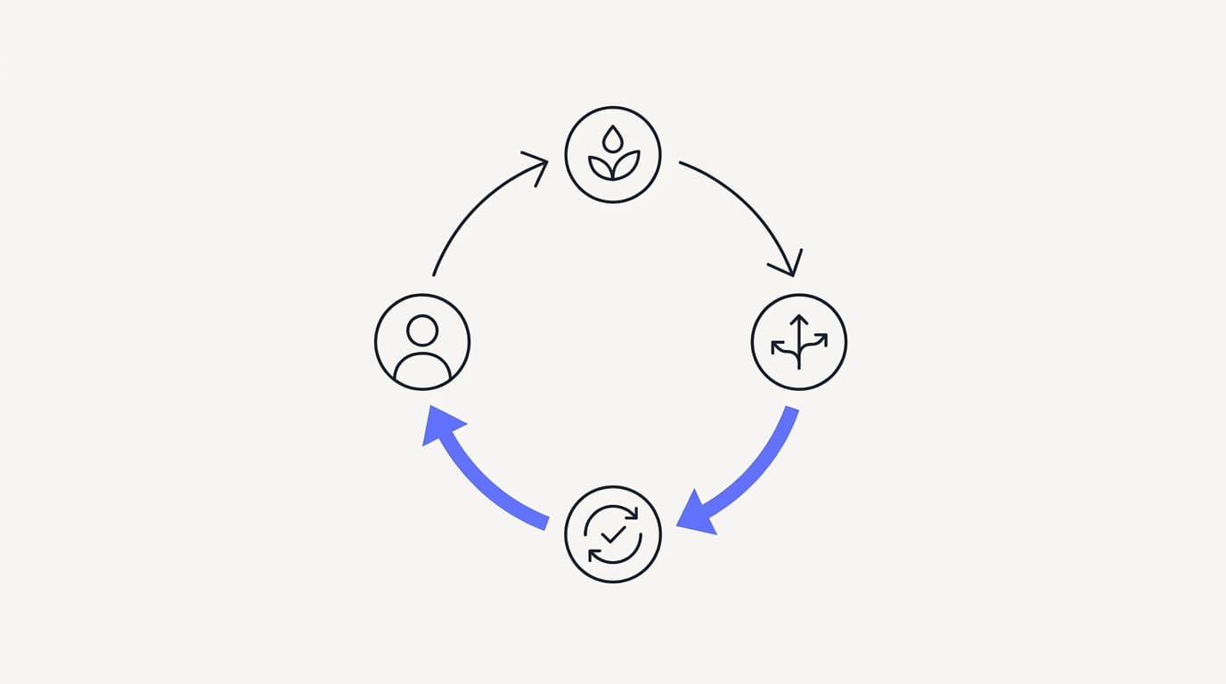 Line-art cycle of publishing, re-ingesting, testing retrieval, and updating help-center content on a loop