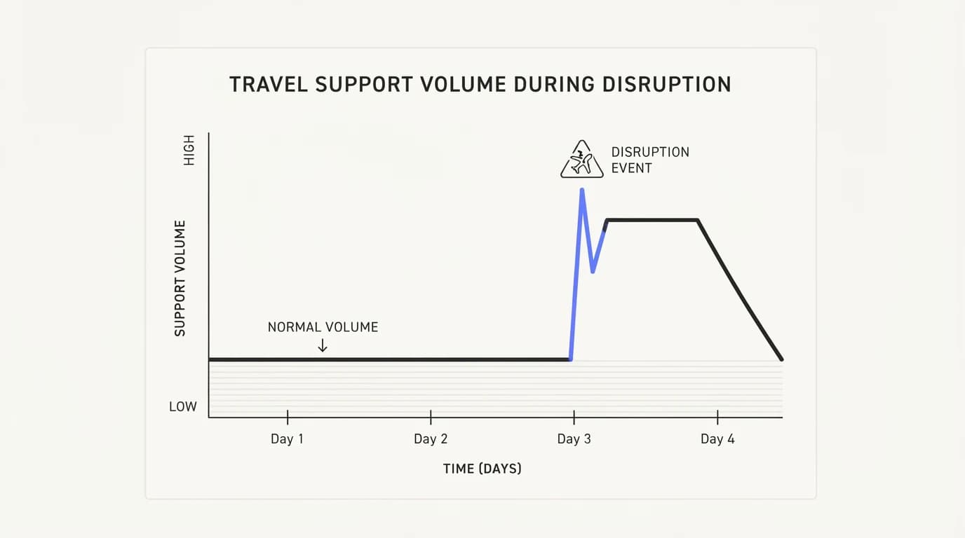 A flat baseline of travel support volume with a sharp spike during a disruption event