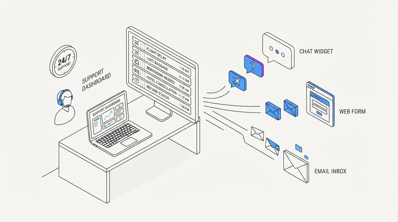 Travel support requests arriving at all hours across a web widget, chat, and email during a disruption
