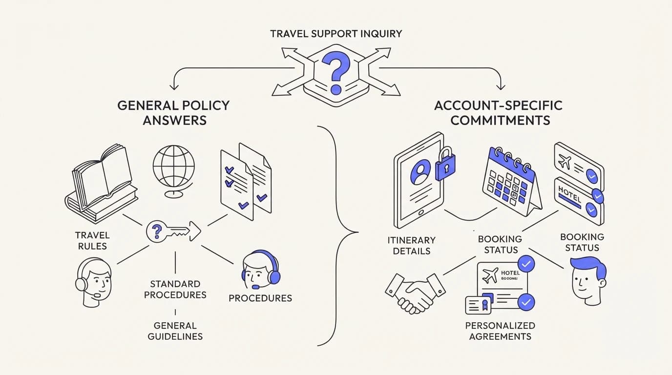 Splitting travel support questions into general policy answers and account-specific binding commitments