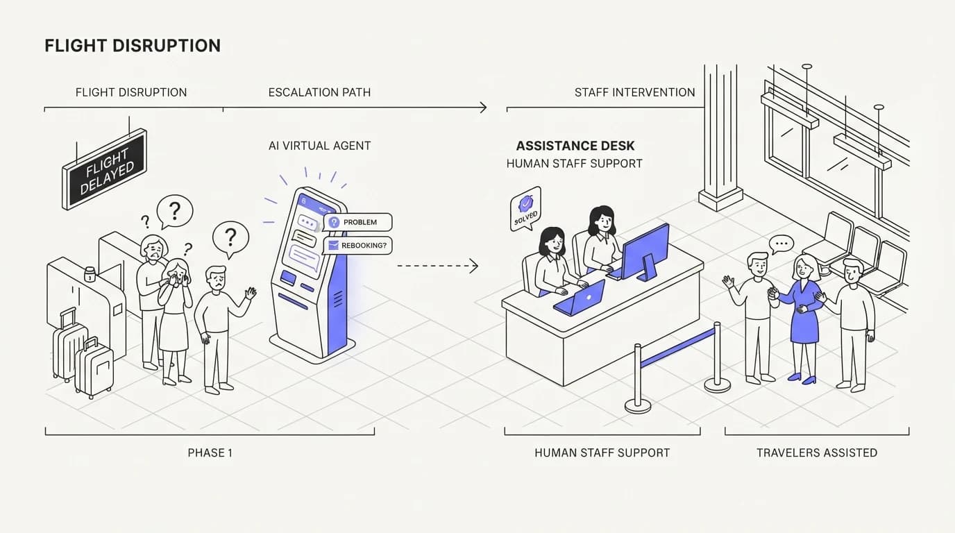 Stranded travelers escalating from an AI agent to human staff during a disruption event with context preserved