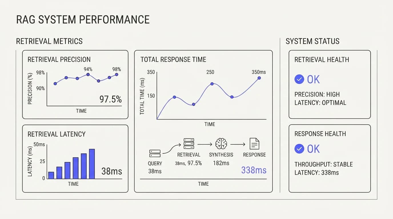 Dashboard showing retrieval precision and retrieval latency tracked separately from total response time