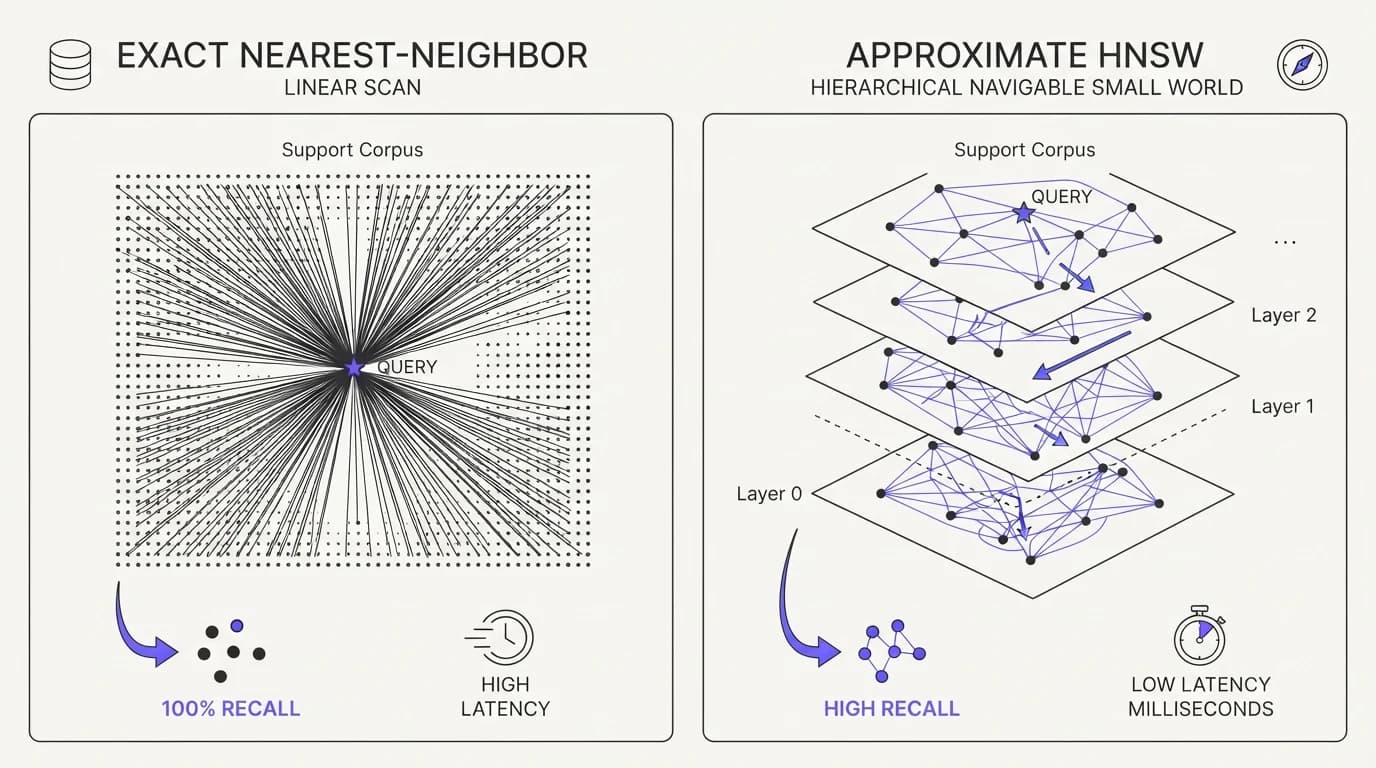 Exact nearest-neighbor search against approximate HNSW search, both returning results in milliseconds at support-corpus scale