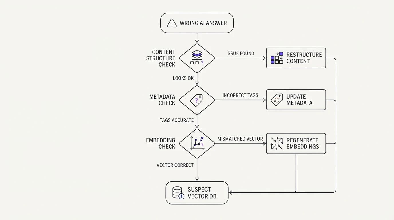 Flowchart routing a wrong AI answer through content structure, metadata, and embedding checks before suspecting the vector