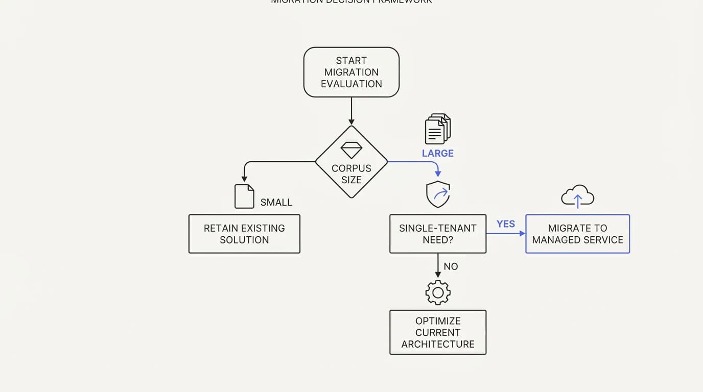 A migration decision branching on corpus size and multi-tenant needs rather than on answer accuracy complaints