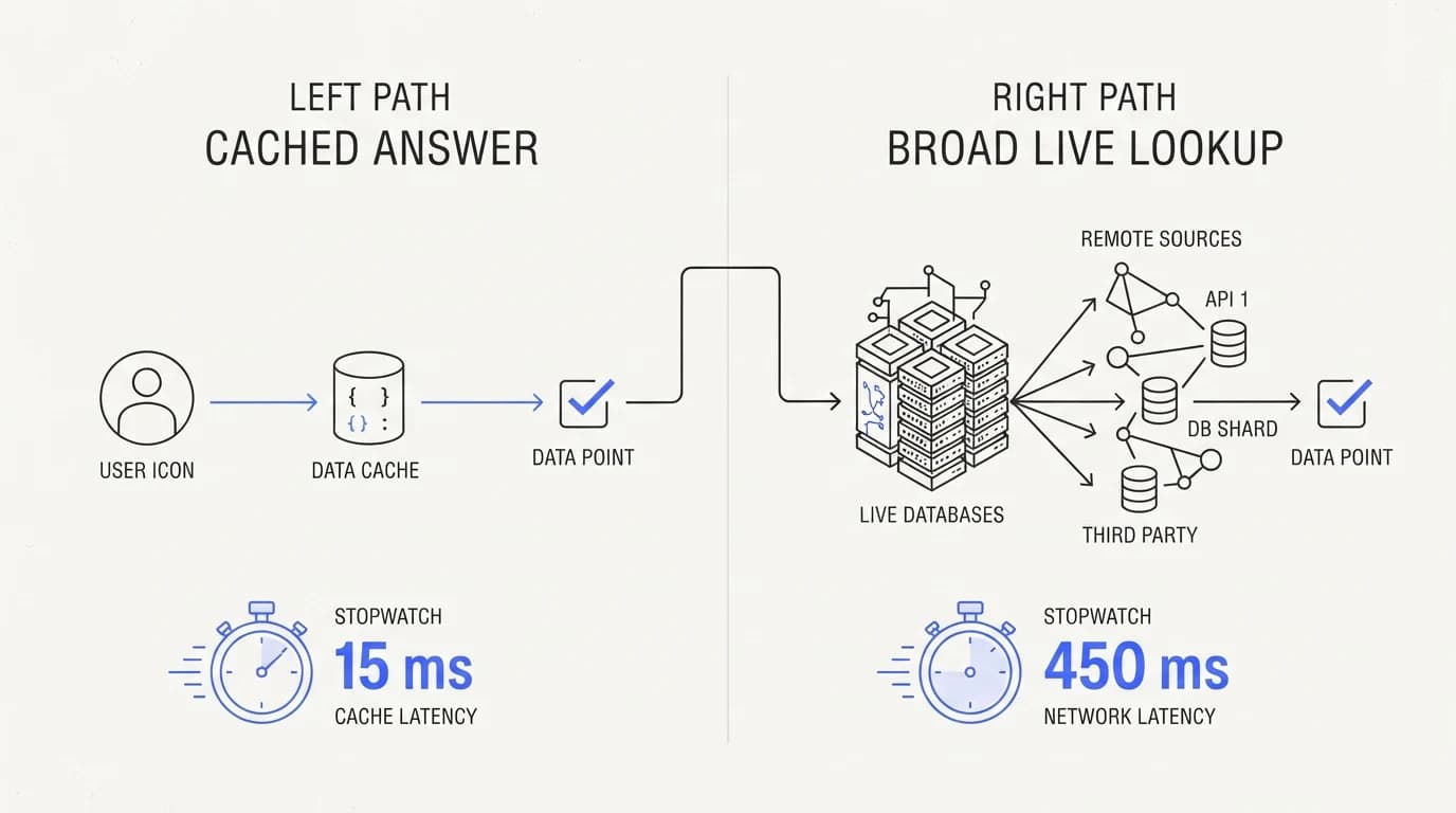 A small cached answer set against a broad live lookup, with a stopwatch marking the latency cost of each path