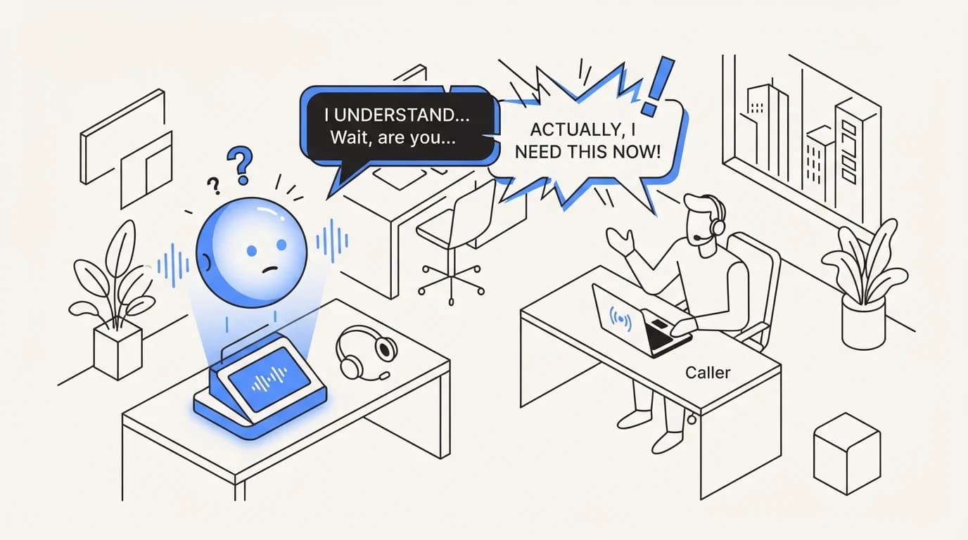 A caller interrupting mid-sentence while a voice AI agent pauses uncertain whether the turn has ended