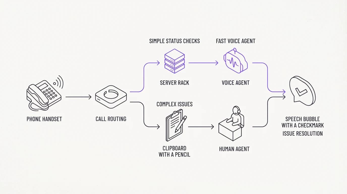 A phone call routing simple status checks to a fast voice agent and complex issues to a human agent