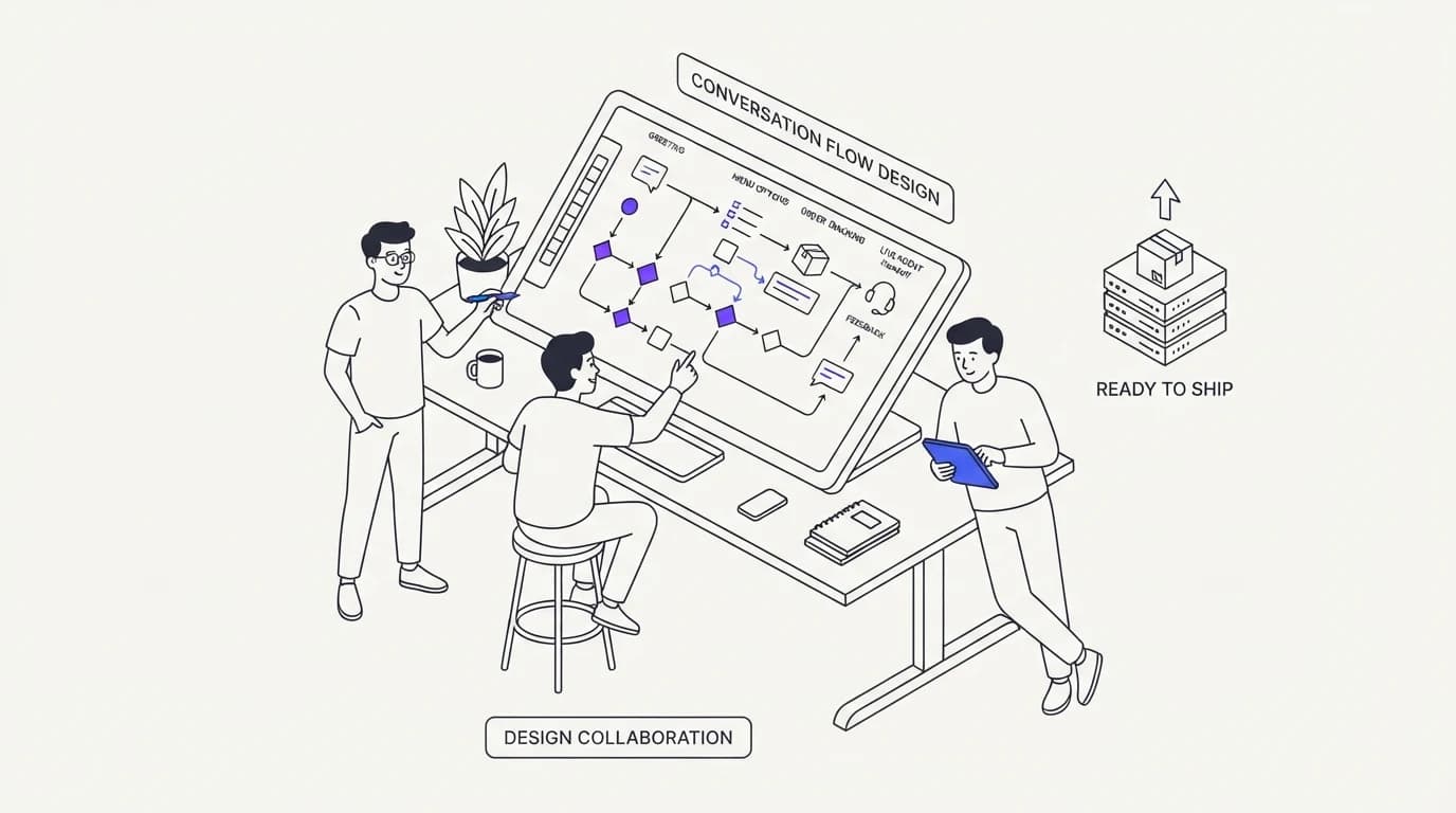 Designers collaborating on a conversation flow canvas before a developer ships it