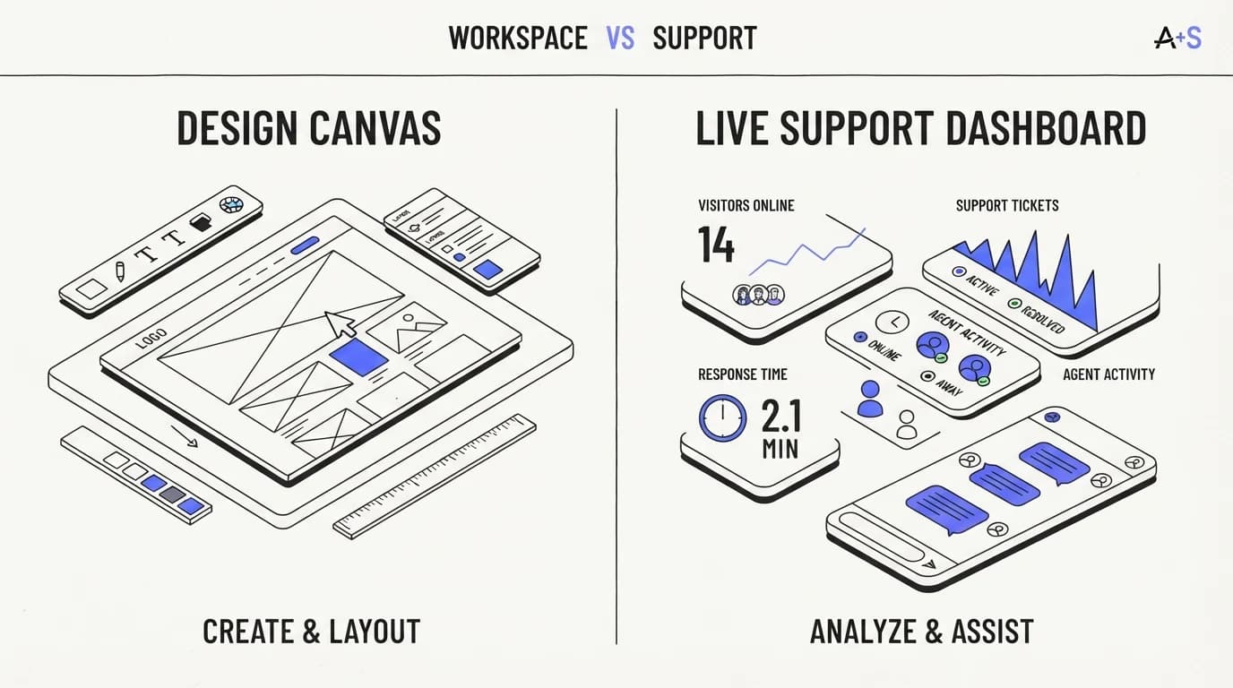 Split comparison showing a design canvas on one side and a live support dashboard with analytics on the other
