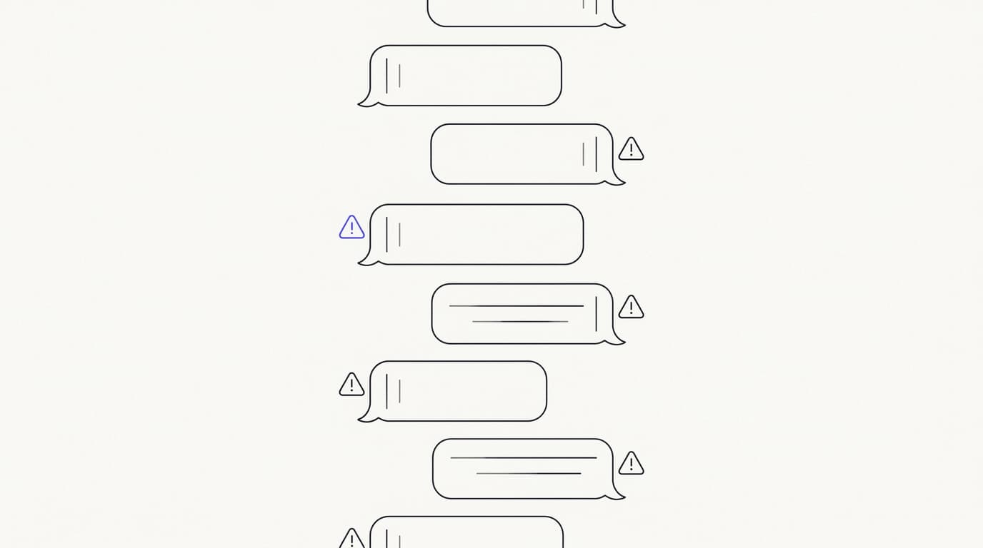 Line-art illustration of common WhatsApp AI support pitfalls surfacing as warning markers along a chat thread