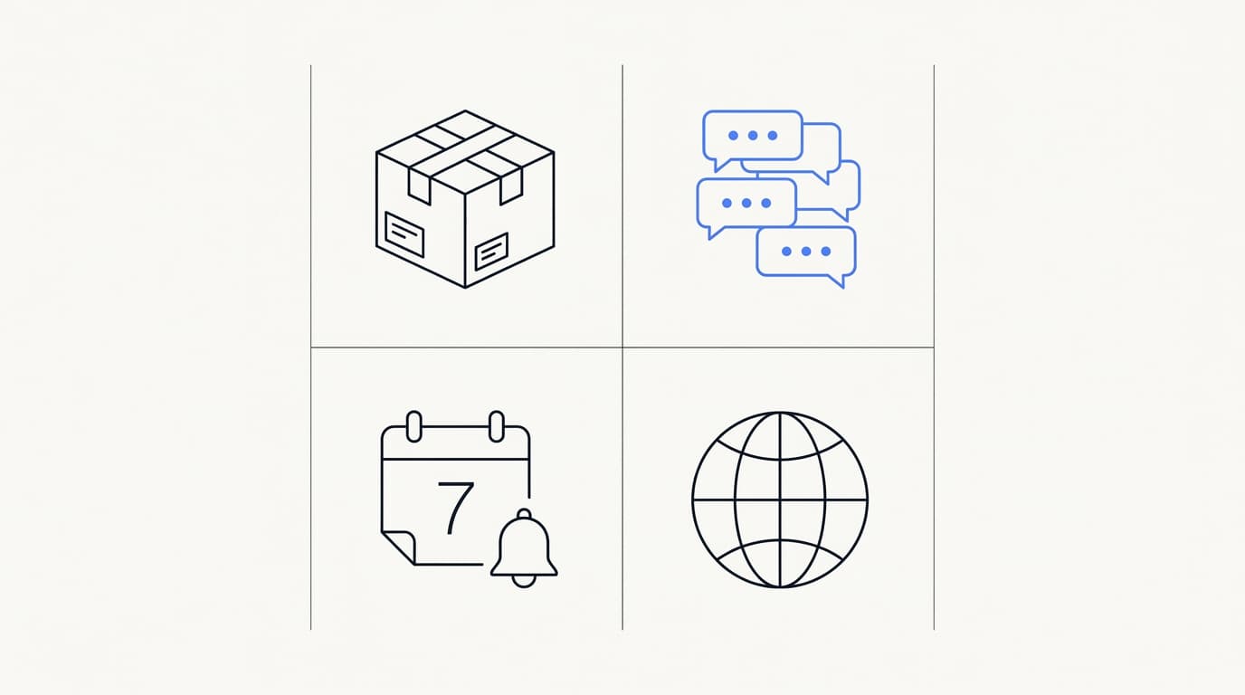 Line-art grid of WhatsApp AI support use cases including order updates, FAQs, and appointment reminders