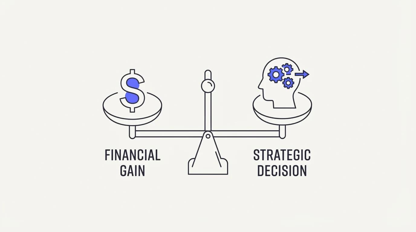 Scale balancing a dollar sign against a human decision-maker icon