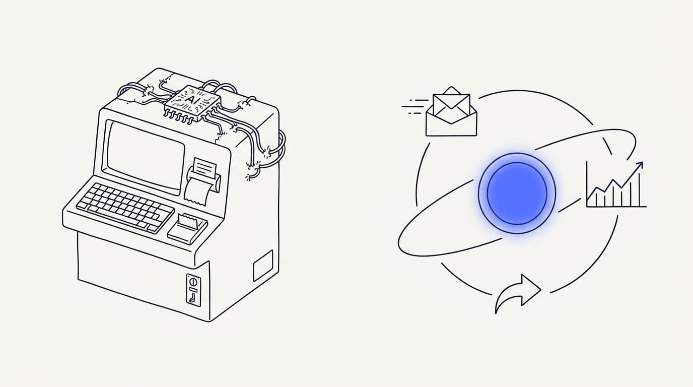 Line-art comparison of an AI add-on grafted onto a ticketing suite versus an AI-agent-first platform built around the agent