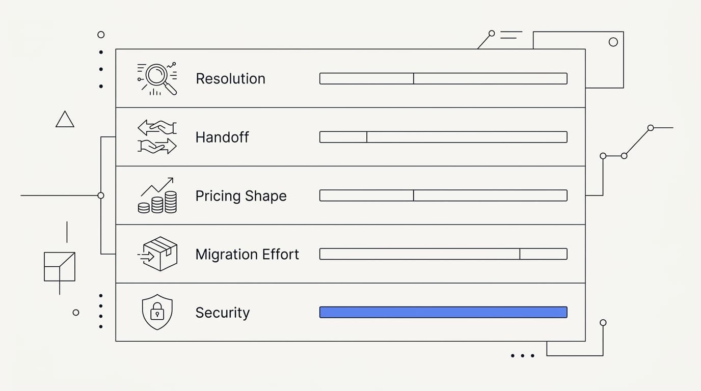 Line-art scorecard weighing resolution, handoff, pricing shape, migration effort, and security for a Zendesk AI alternative