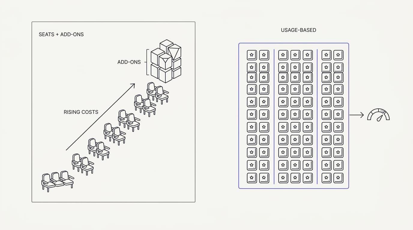 Line-art comparison of per-seat plus add-on pricing versus credit-based pricing for AI customer support